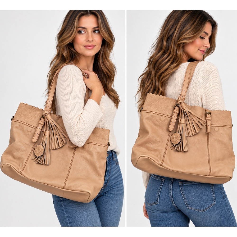 Isabella Fiore Spring Daisy Tote Tan Leather Floral Tassel Scalloped Y2K Bag